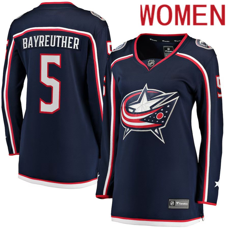 Women Columbus Blue Jackets 5 Gavin Bayreuther Fanatics Branded Navy Home Breakaway Player NHL Jersey